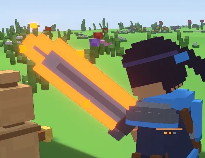 A swordsman raising a blade that burns orange